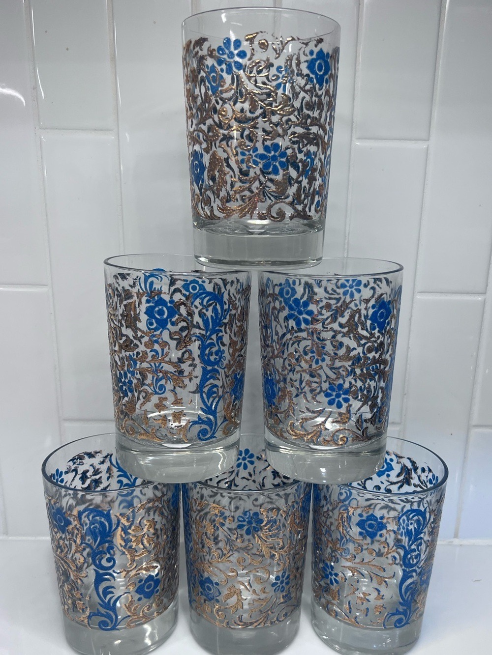 Vintage MCM  Barware Cocktail Glass Set of 6 Blue & Gold Scroll Pattern
